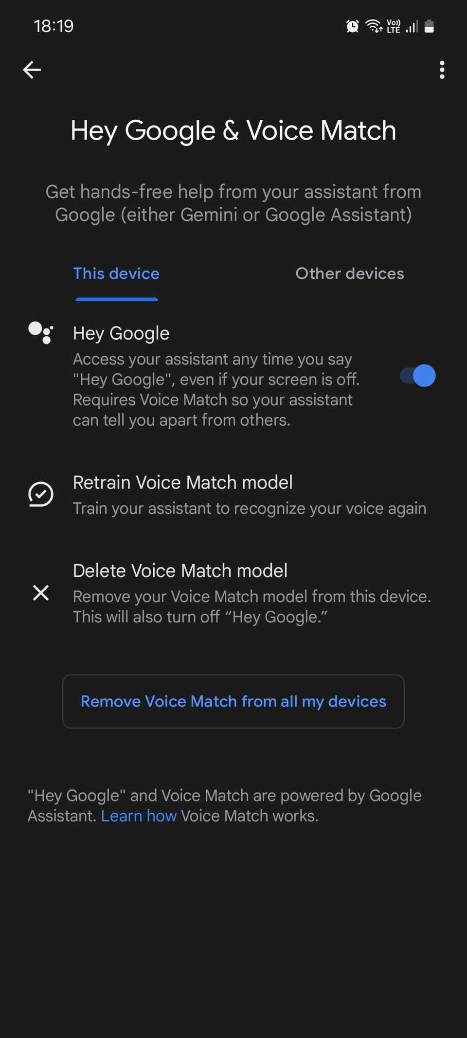 Меню «Окей Google и распознавание голоса» в приложении Google