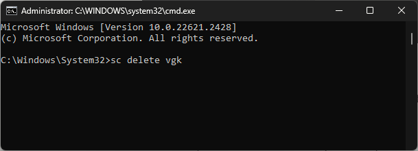 Пример ввода команды sc delete vgk для удаления службы Vanguard kernel