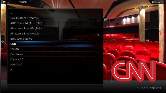 Интерфейс прямых трансляций в XBMC
