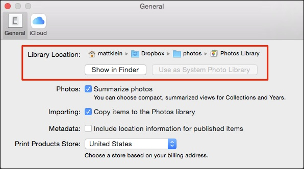 Окно настроек с показом местоположения библиотеки