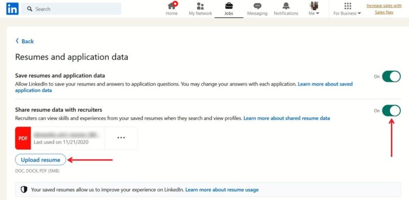 Кнопка загрузки резюме в настройках LinkedIn на ПК