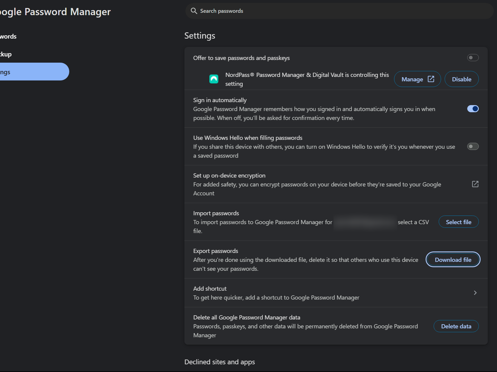 Google Password Manager showing export option in passwords settings