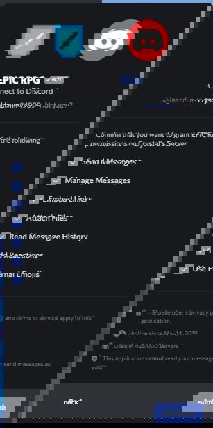 Разрешения бота перед подтверждением приглашения