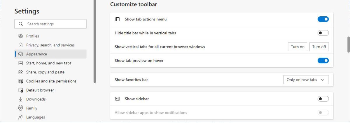 Настройки боковой панели в Microsoft Edge Canary
