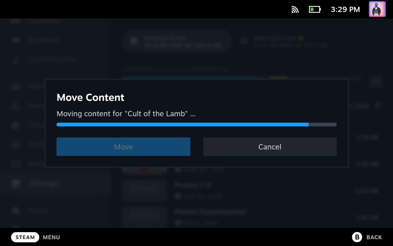 Tela do Steam Deck mostrando opção para mover jogos para o cartão SD
