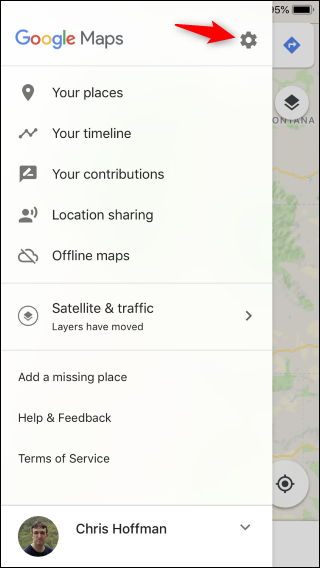 Меню Google Maps на iPhone: значок шестерёнки для доступа к настройкам