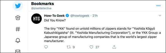 Раздел Закладки на веб‑сайте Twitter