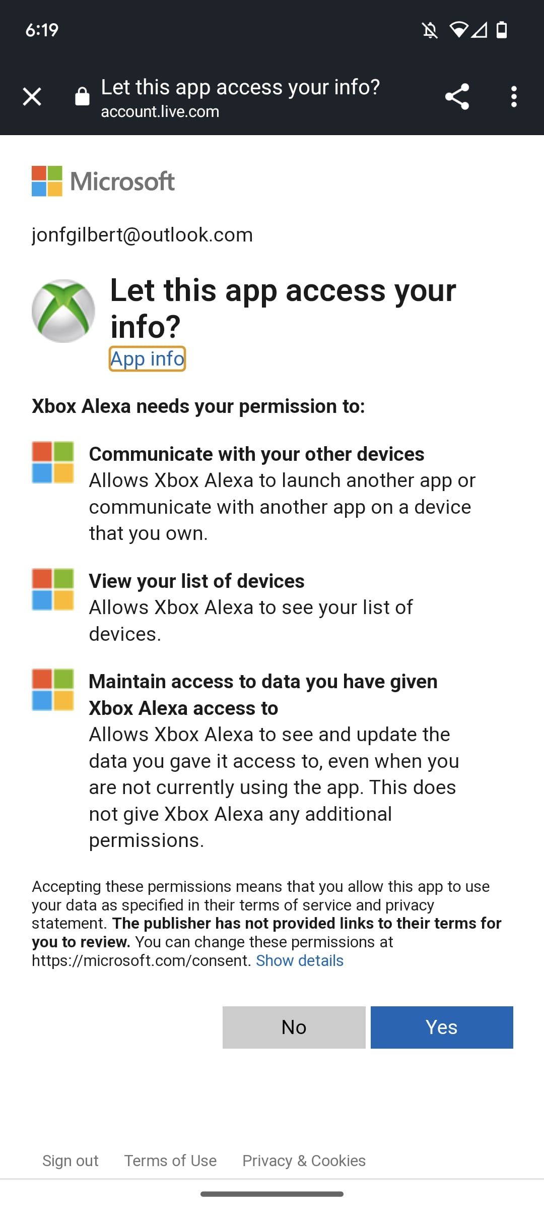 экран разрешений аккаунта в Alexa
