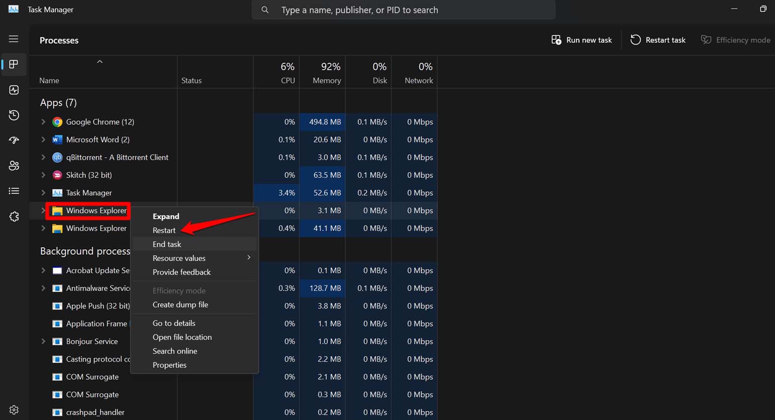 Перезапуск Windows Explorer в Диспетчере задач