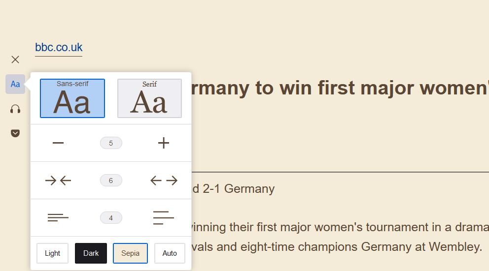 Параметры шрифта и макета в режиме чтения Firefox