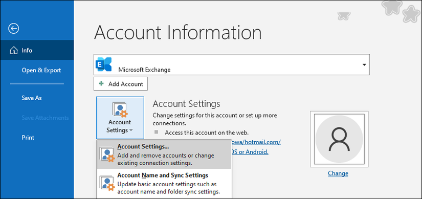 Окно Account Settings в классическом Outlook.