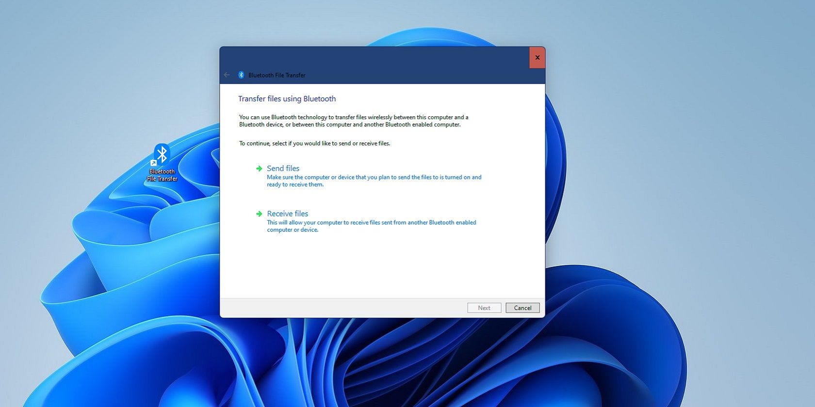 Ярлык передачи файлов по Bluetooth в Windows