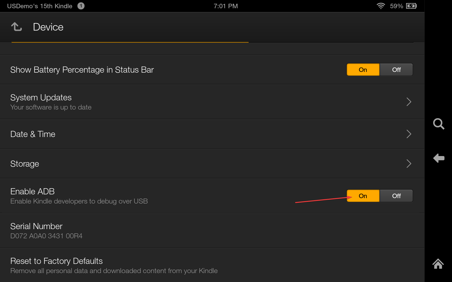 Опция Enable ADB на Kindle