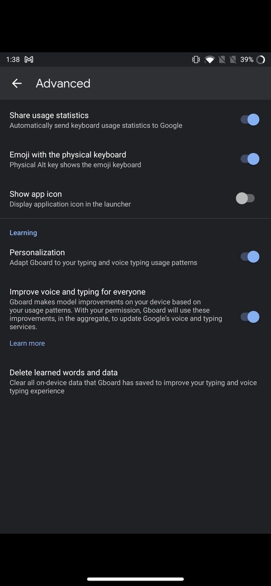 Раздел Дополнительно в настройках Gboard