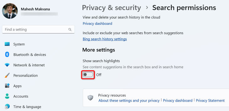 Параметр для отключения Search Highlights в настройках поиска.