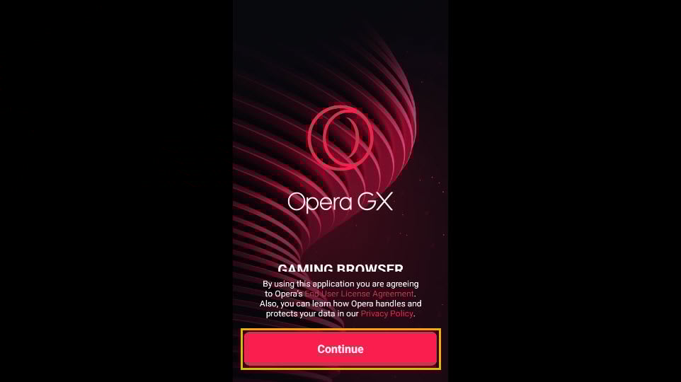 Pantalla de bienvenida de Opera GX en Smart TV mostrando botones para continuar