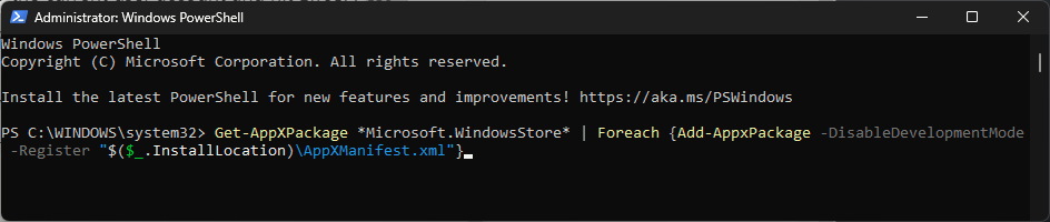 Commande PowerShell pour réenregistrer Microsoft Store pour l'utilisateur courant