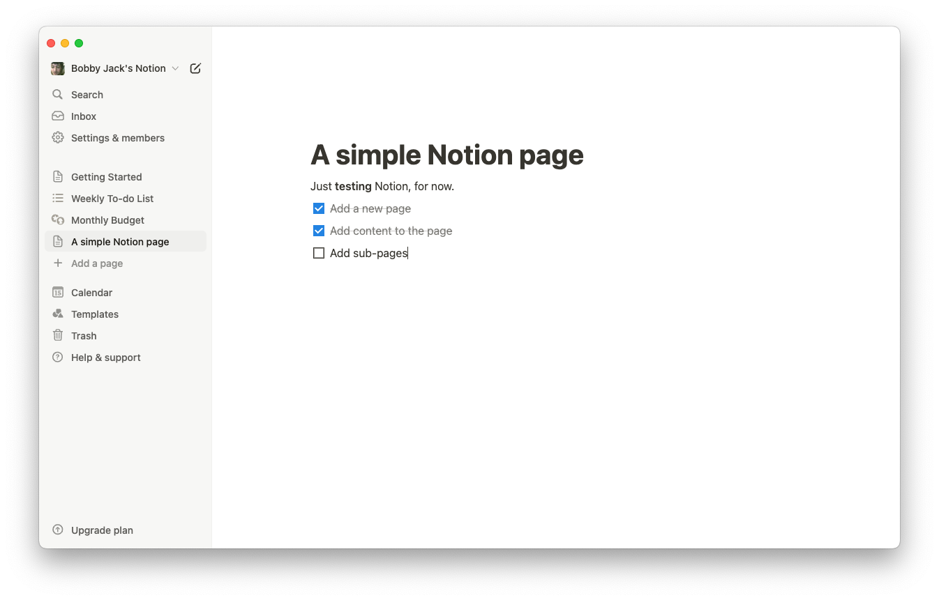 Страница Notion с to-do листом и отмеченными задачами