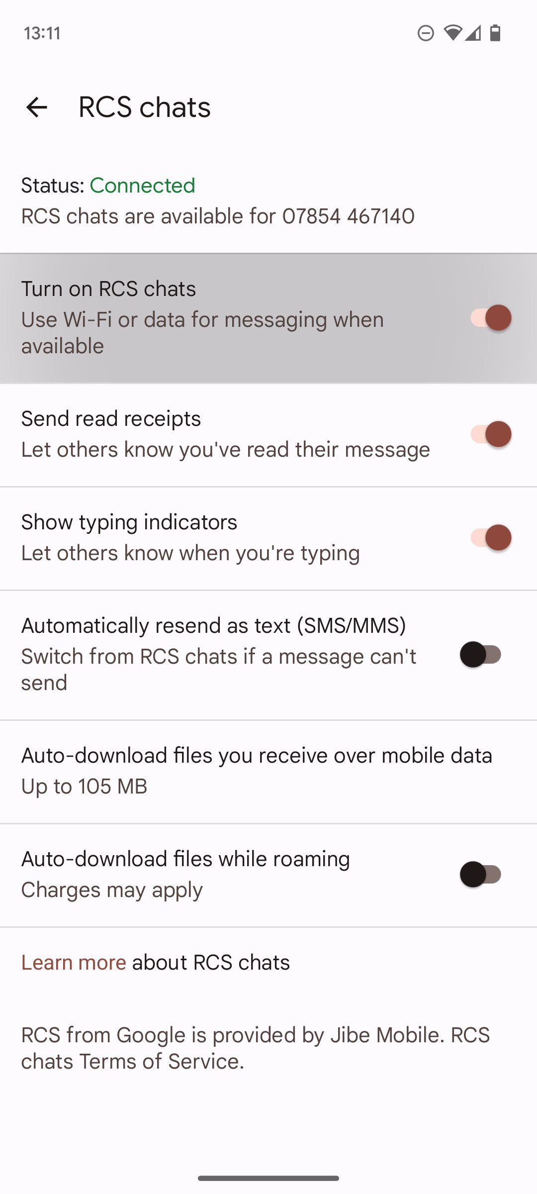 Переключатель для включения RCS‑чатов в настройках Android