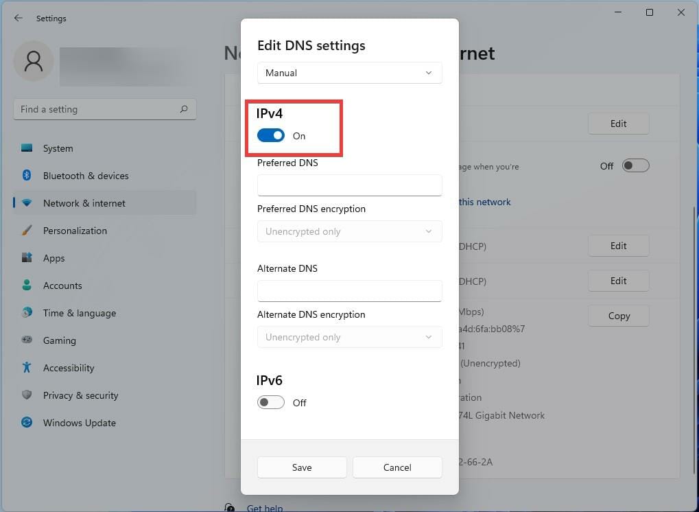 Impostazioni DNS impostate su Manuale: disattivare IPv4