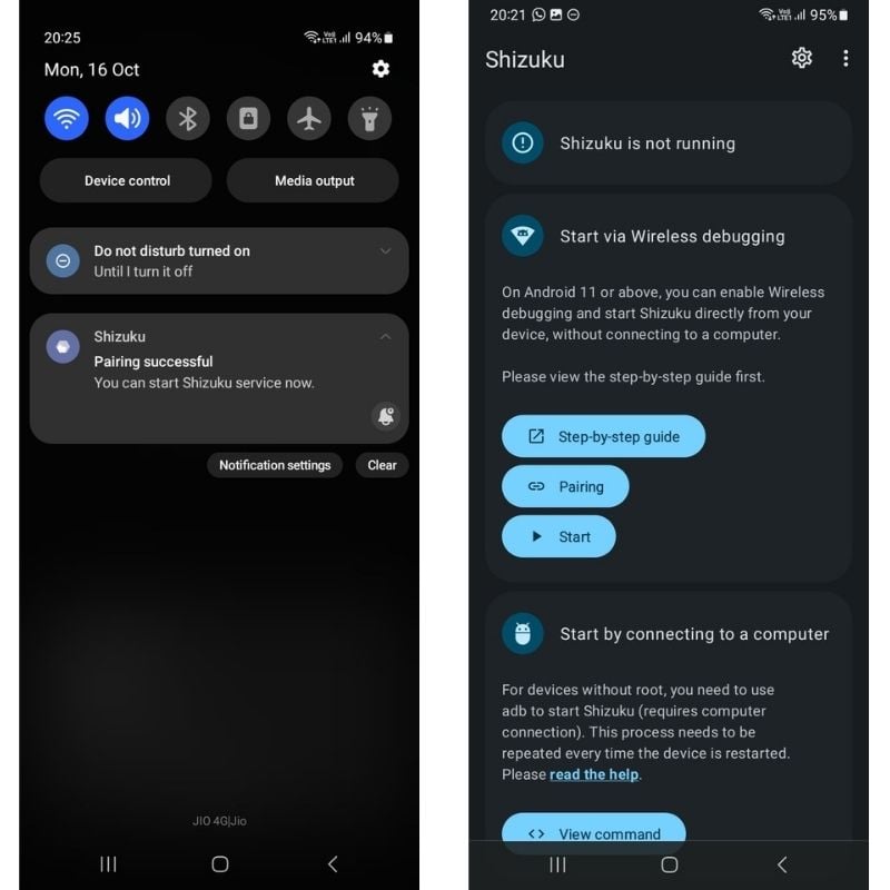Процесс привязки Shizuku через Wireless Debugging