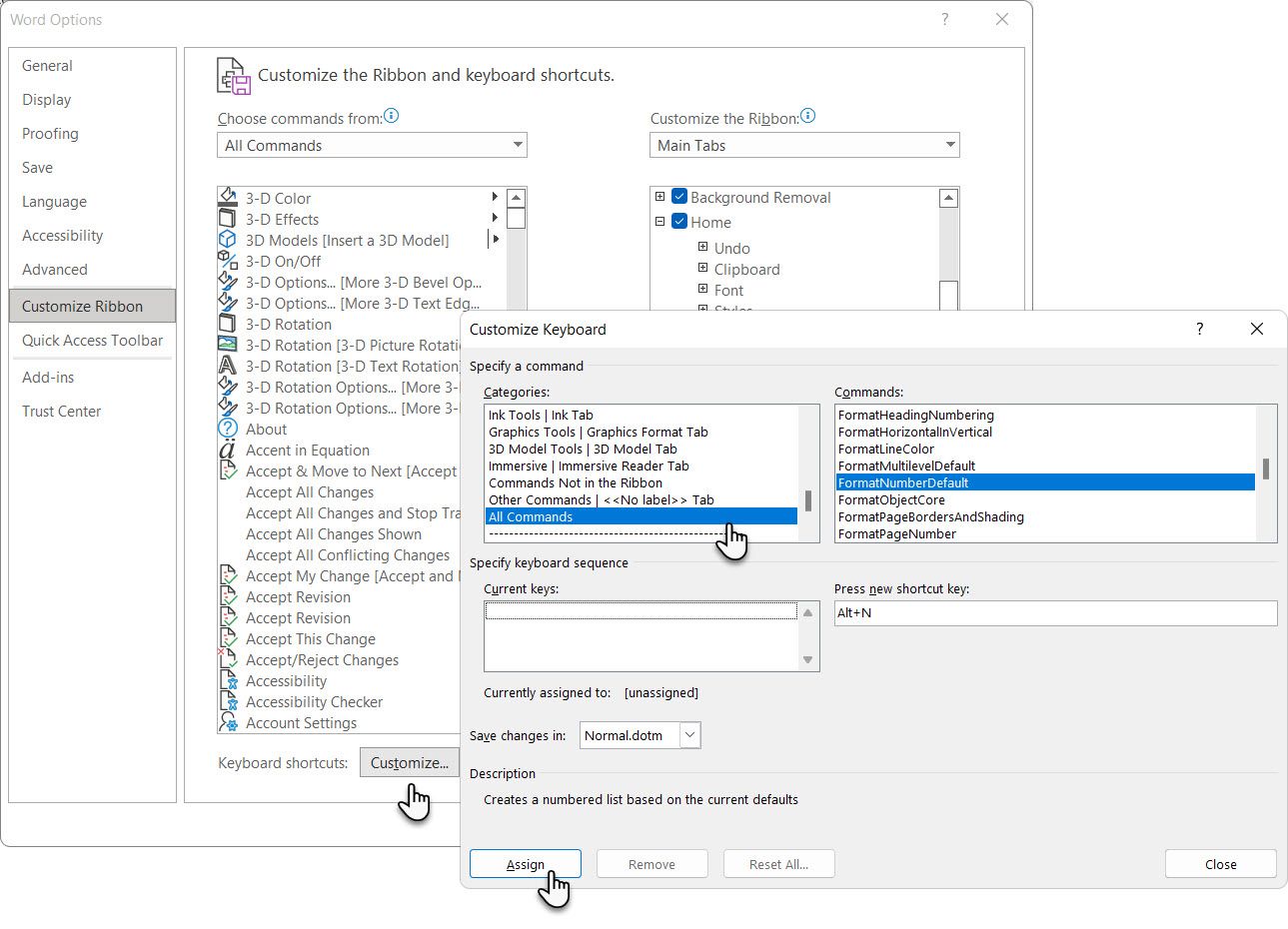 Настройка сочетания клавиш для списка