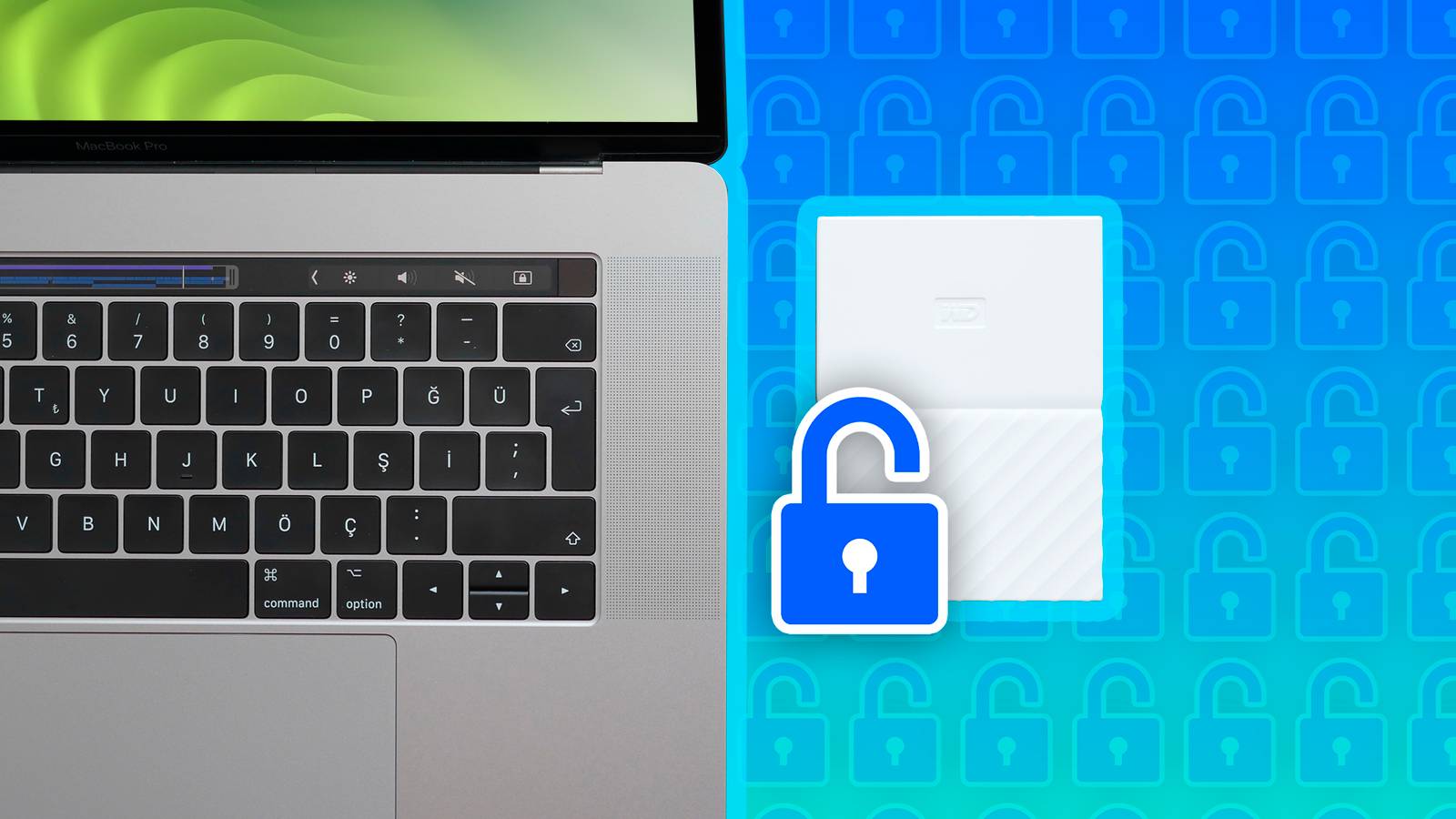 Ноутбук MacBook рядом с внешним диском и иконкой незапертого замка.