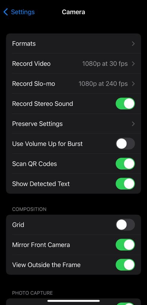 Меню Форматы в iPhone