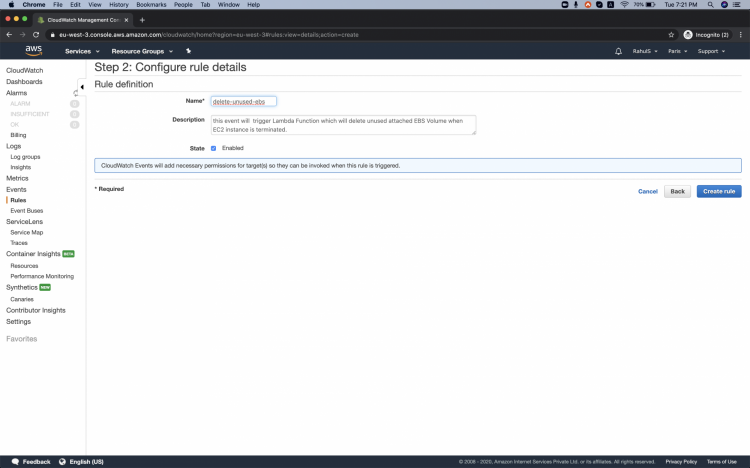 Поле ввода имени и описания правила в CloudWatch