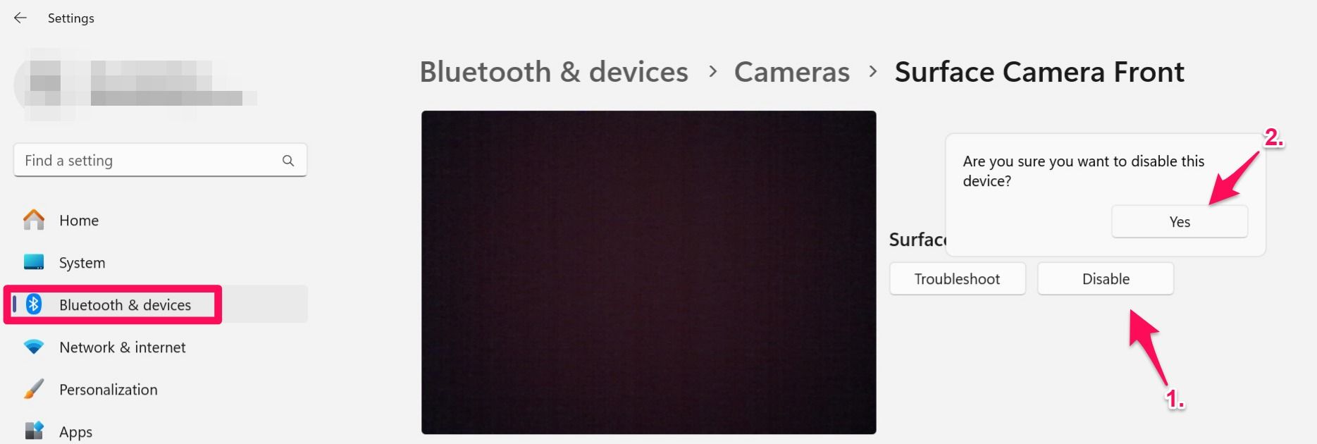 Отключение отдельной камеры в настройках Windows 11