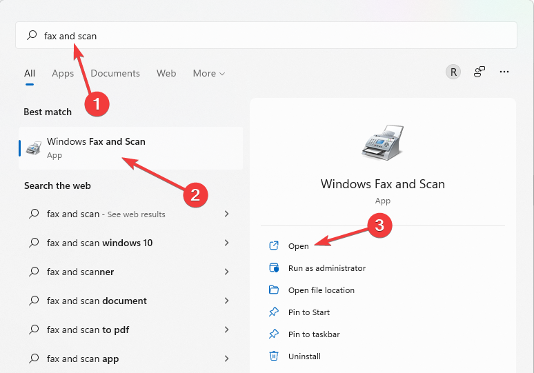 Окно 'Windows Fax and Scan' для сканирования