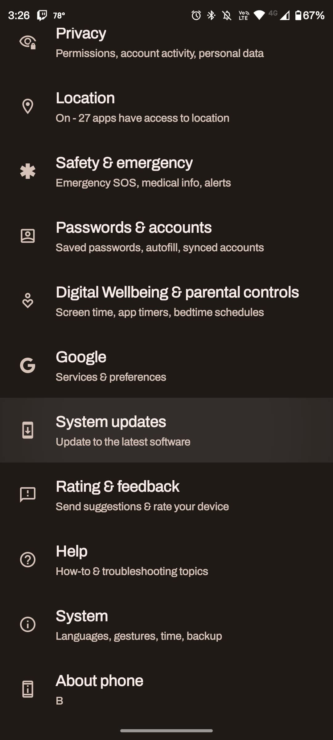 Меню «Система» в настройках Android с выделением обновлений
