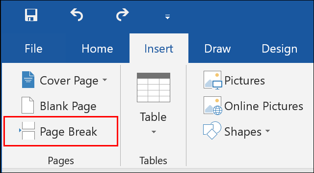 Нажмите Вставка > Разрыв страницы в Microsoft Word, чтобы вставить разрыв страницы в документ