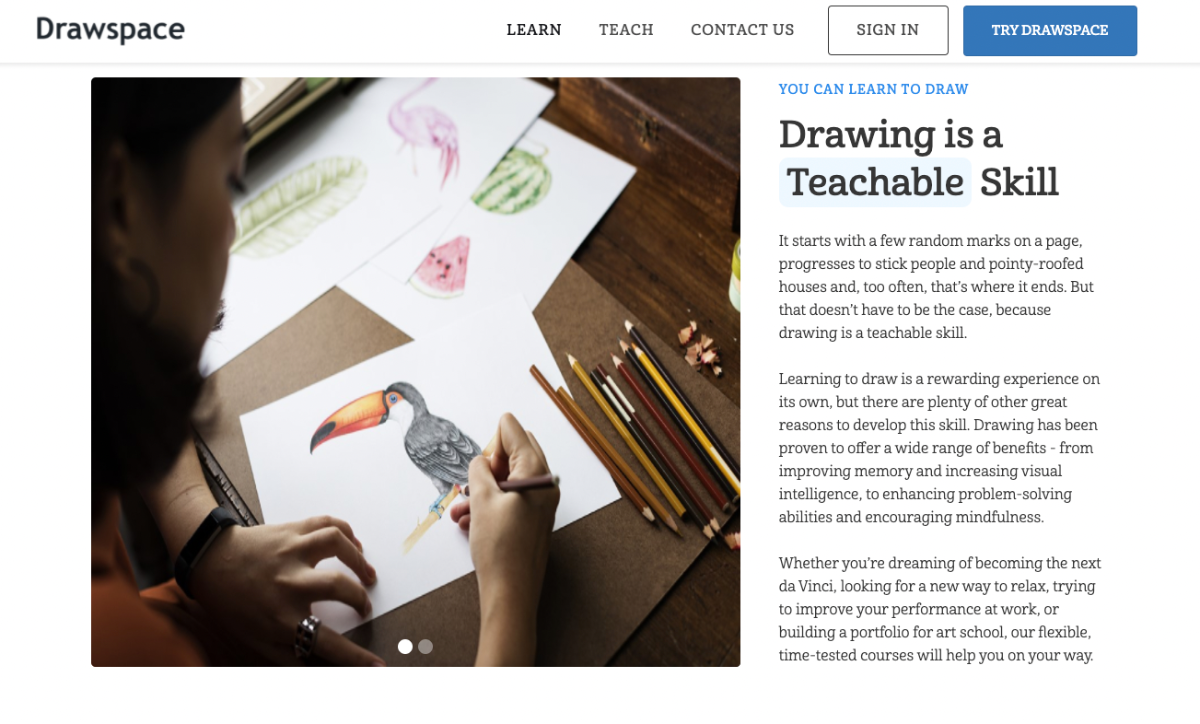 Главная страница Drawspace с примерами уроков и меню навигации