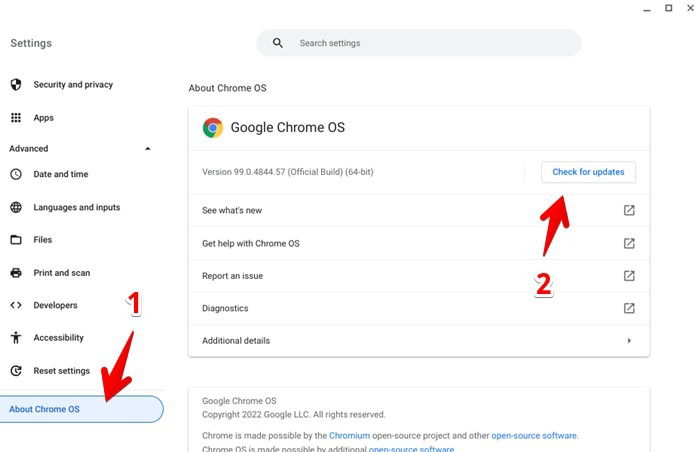 Проверка обновлений Chromebook