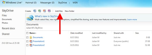 Vista de SkyDrive mostrando archivos almacenados en la nube con iconos de Office Web Apps