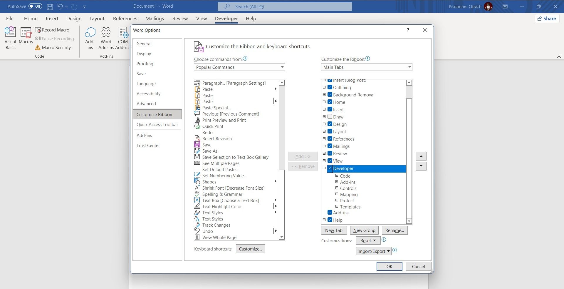 Параметры ленты Word