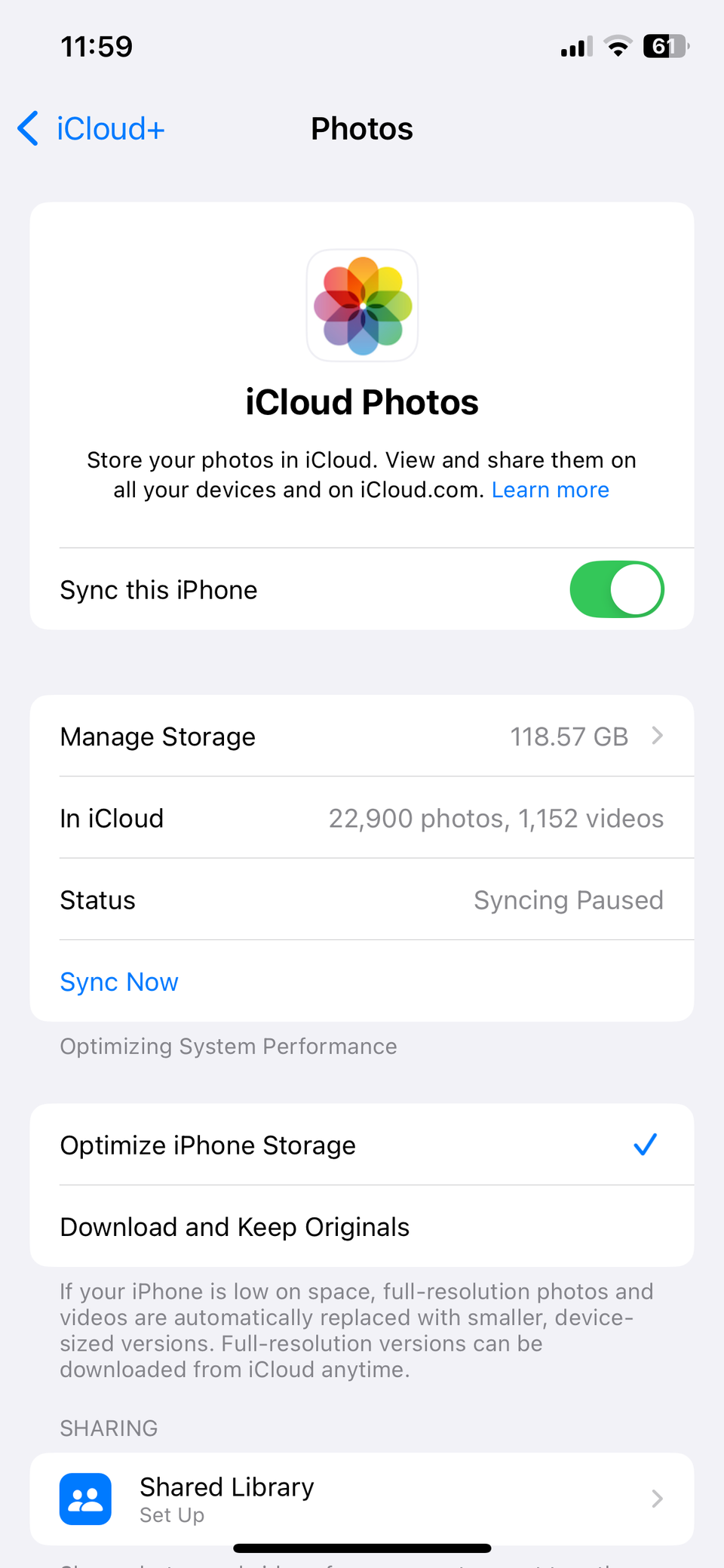 iCloud Photos settings on iPhone