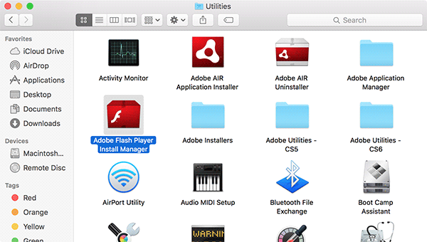 Finestra principale dell'installatore di Adobe Flash Player