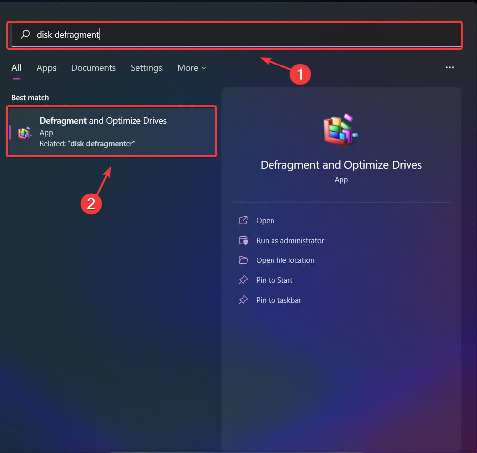 Окно поиска Пуск: запуск дефрагментации