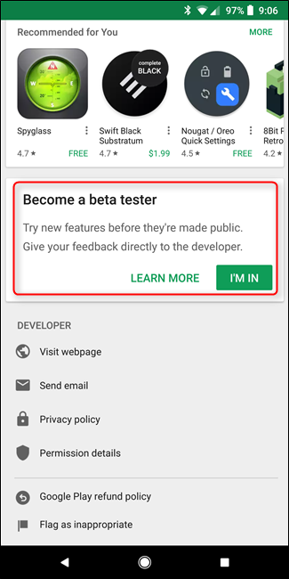 Блок 'Станьте бета‑тестером' на странице приложения в Google Play