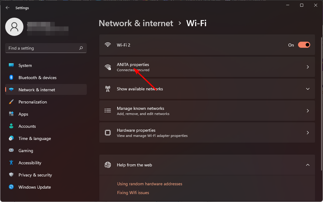 Выбор конкретной Wi‑Fi сети в списке