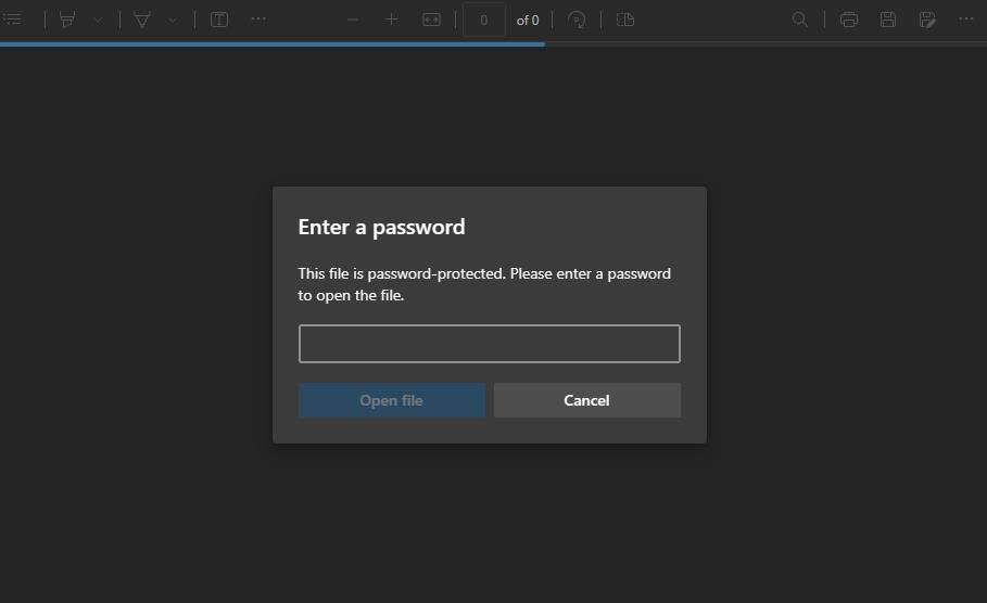 Окно запроса пароля для PDF в Edge