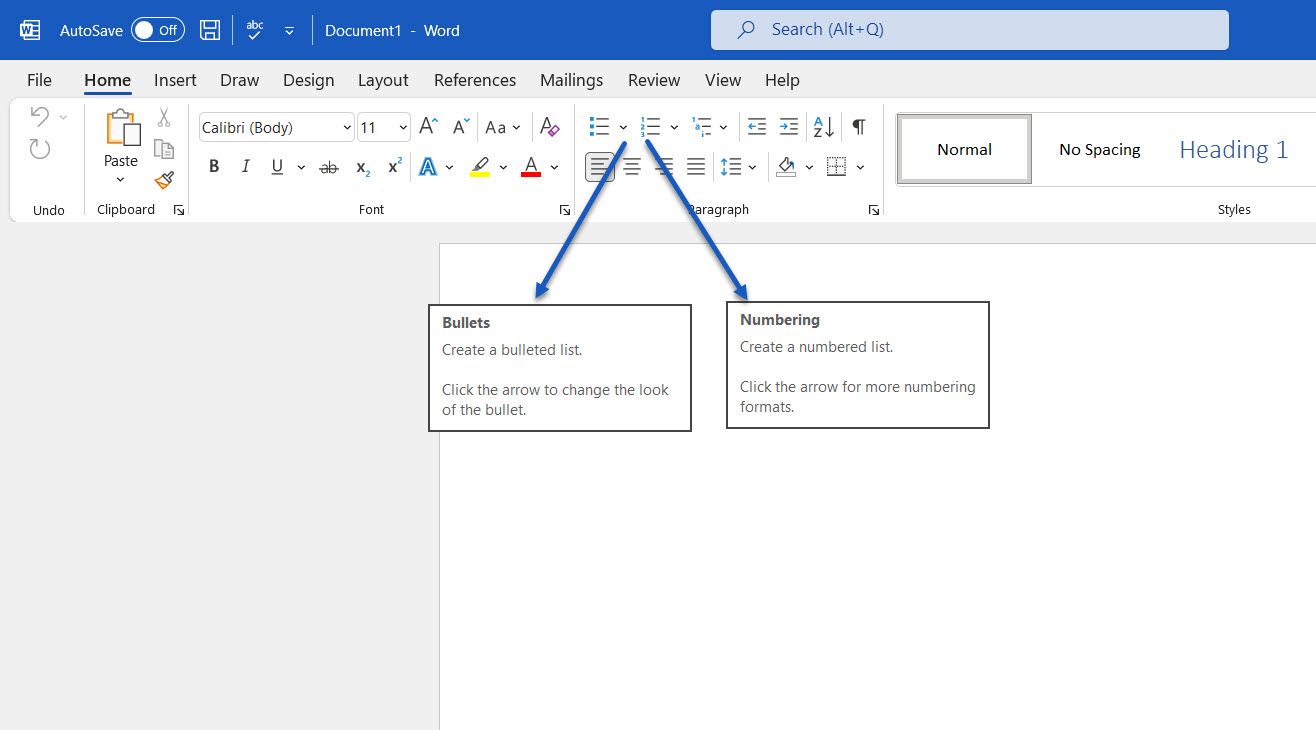 Типы списков на ленте Word
