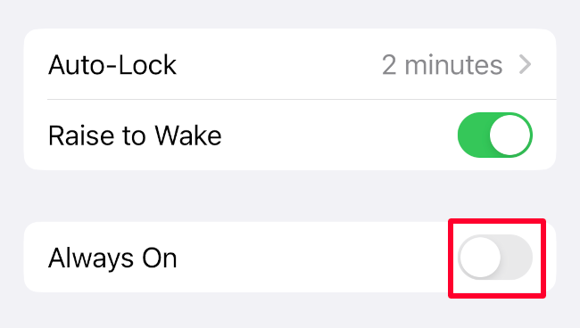 Выключатель параметра «Всегда включено» в iPhone