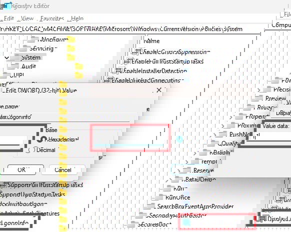 Изменение значения DisplayLastLogonInfo в реестре.