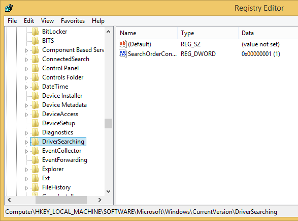 Ключ реестра DriverSearching в редакторе реестра
