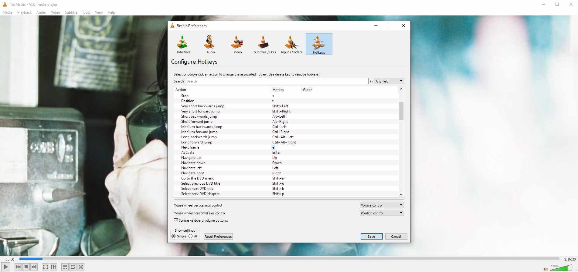 Настройка горячих клавиш VLC