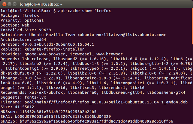 Пример вывода apt-cache show для пакета firefox с метаданными