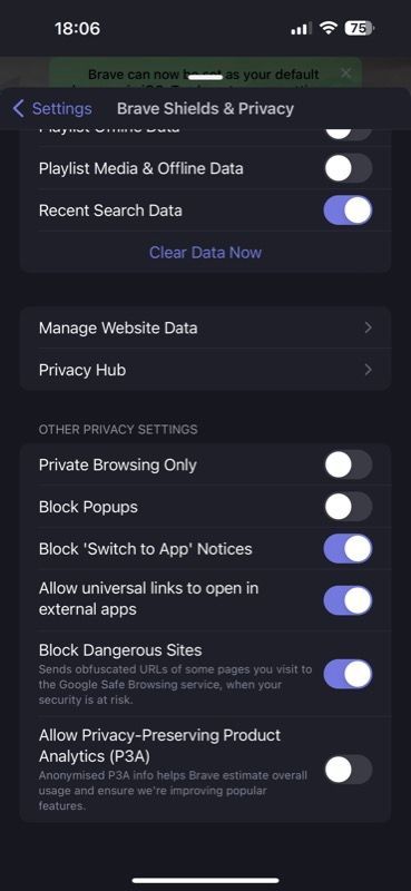 Настройки Brave: выключение блокировки всплывающих окон